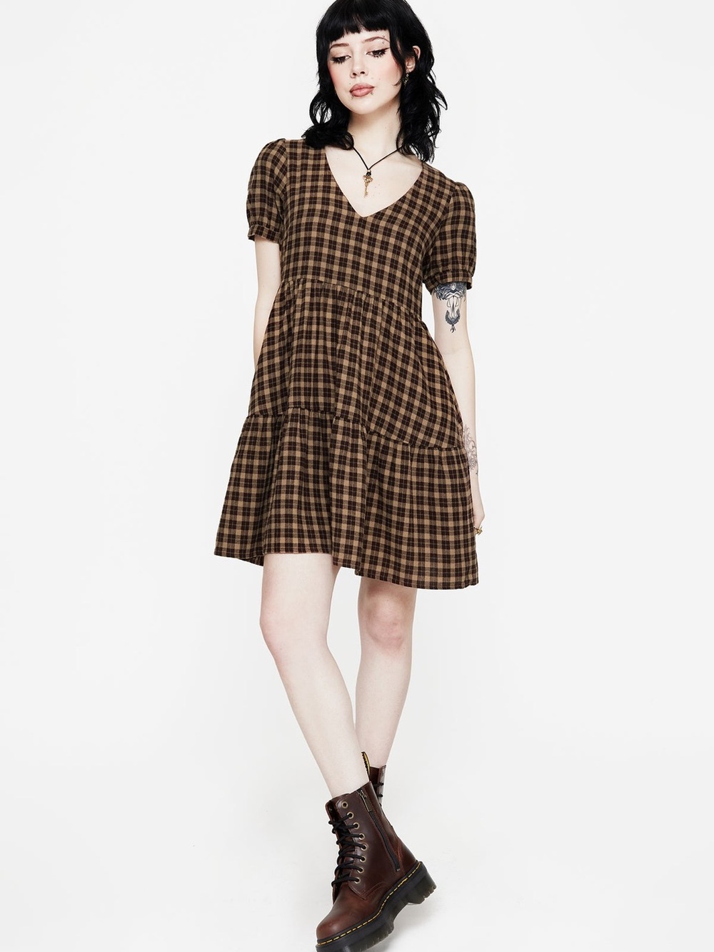 Disturbia Brown Plaid V-Neck Mini Dress